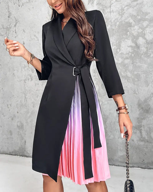Metal Decor Ombre Pleated Patchwork Shawl Collar Three Quarters Work Dress Wrap Front Tie Waist Midi Blazer Dress black