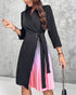 Metal Decor Ombre Pleated Patchwork Shawl Collar Three Quarters Work Dress Wrap Front Tie Waist Midi Blazer Dress black
