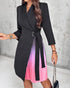 Metal Decor Ombre Pleated Patchwork Shawl Collar Three Quarters Work Dress Wrap Front Tie Waist Midi Blazer Dress black