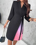 Metal Decor Ombre Pleated Patchwork Shawl Collar Three Quarters Work Dress Wrap Front Tie Waist Midi Blazer Dress black