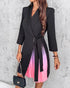 Metal Decor Ombre Pleated Patchwork Shawl Collar Three Quarters Work Dress Wrap Front Tie Waist Midi Blazer Dress black