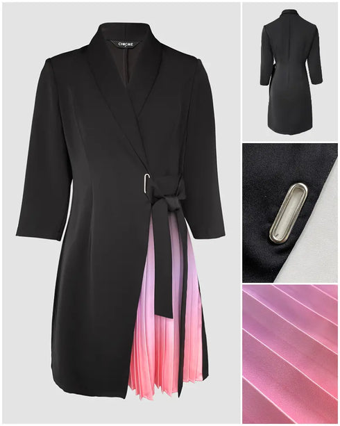Metal Decor Ombre Pleated Patchwork Shawl Collar Three Quarters Work Dress Wrap Front Tie Waist Midi Blazer Dress black