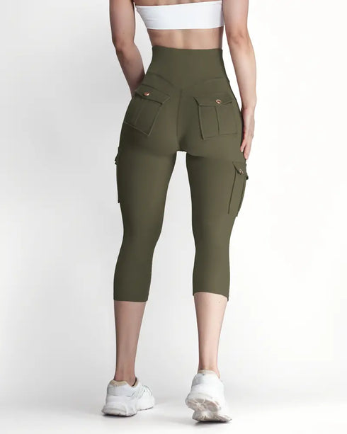Butt Lifting Biker Capris Leggings High Waist Flap Pocket Workout Capris Gym Pants Army green