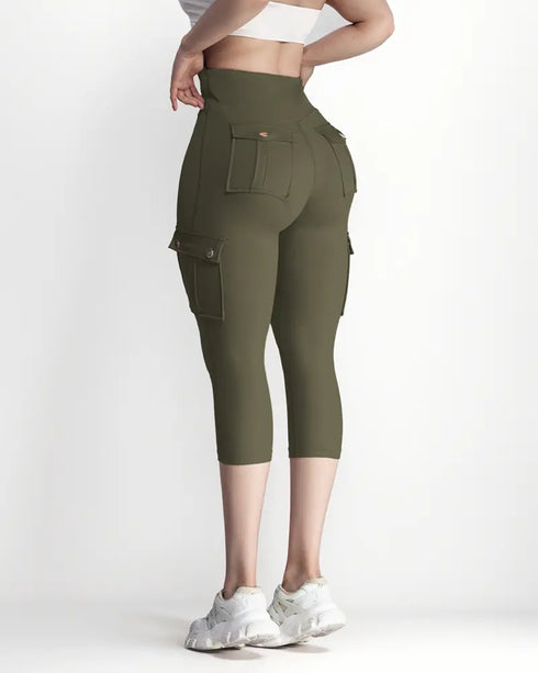 Butt Lifting Biker Capris Leggings High Waist Flap Pocket Workout Capris Gym Pants Army green