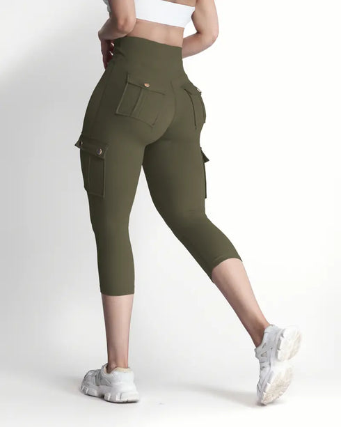 Butt Lifting Biker Capris Leggings High Waist Flap Pocket Workout Capris Gym Pants Army green