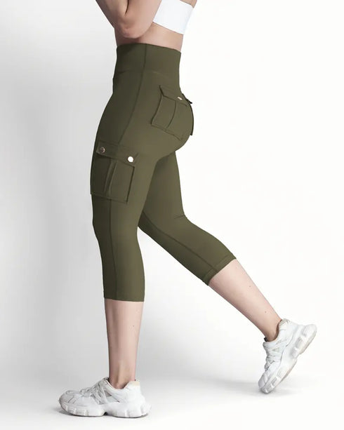 Butt Lifting Biker Capris Leggings High Waist Flap Pocket Workout Capris Gym Pants Army green