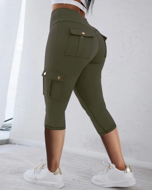 Butt Lifting Biker Capris Leggings High Waist Flap Pocket Workout Capris Gym Pants Army green