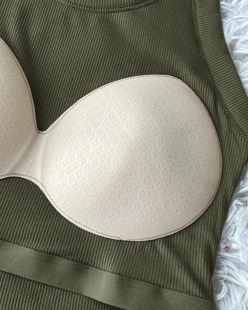 ChicMe Built-in Bra Ribbed Round Neck Tank Top Army green