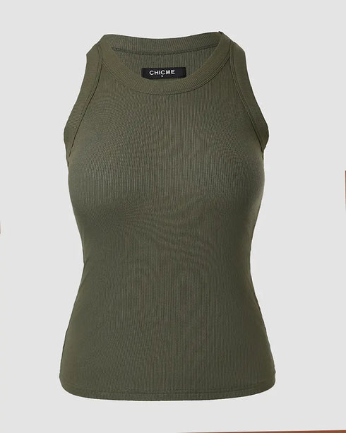 ChicMe Built-in Bra Ribbed Round Neck Tank Top Army green
