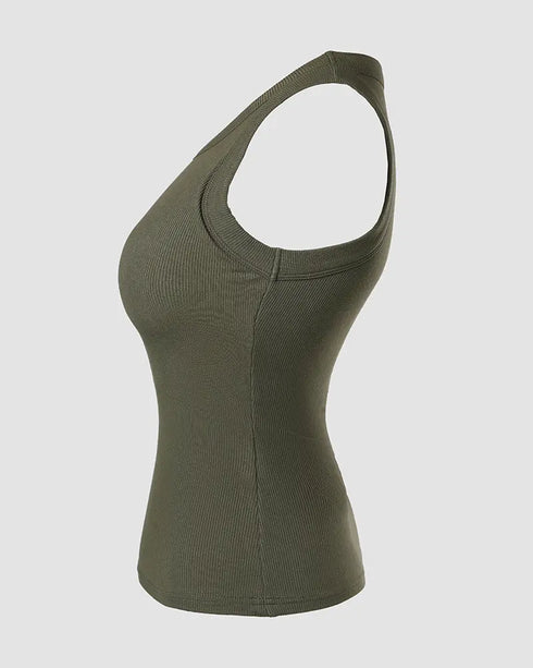 ChicMe Built-in Bra Ribbed Round Neck Tank Top Army green