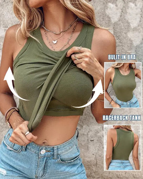 ChicMe Built-in Bra Ribbed Round Neck Tank Top Army green