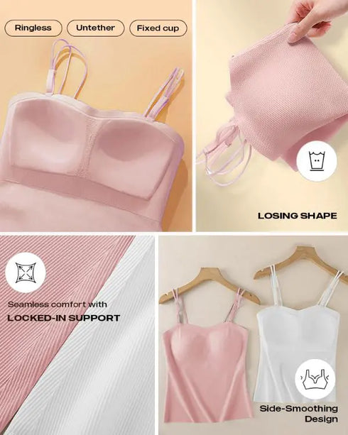 Multi Adjustable Spaghetti Straps Built in Bra Cami Top Sexy Ribbed Slim Fit Workout Camisole Top pink