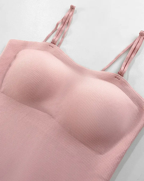 Multi Adjustable Spaghetti Straps Built in Bra Cami Top Sexy Ribbed Slim Fit Workout Camisole Top pink