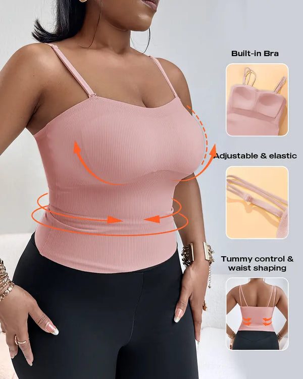 Multi Adjustable Spaghetti Straps Built in Bra Cami Top Sexy Ribbed Slim Fit Workout Camisole Top pink