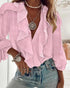 V-Neck Eyelash Lace Patch Ruffles Button Down Blouse Top pink