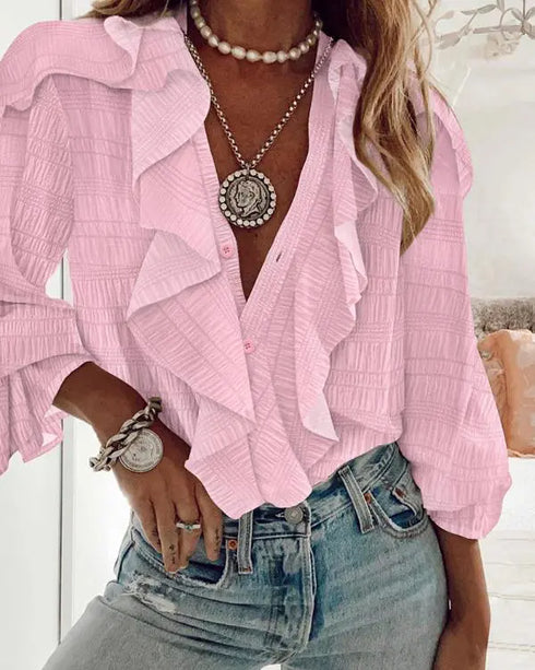 Ruffle Hem Long Sleeve Textured Blouse pink