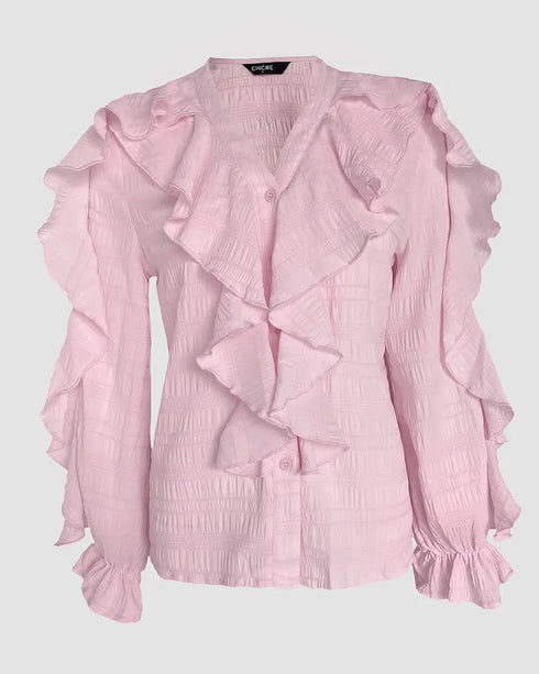 Ruffle Hem Long Sleeve Textured Blouse pink