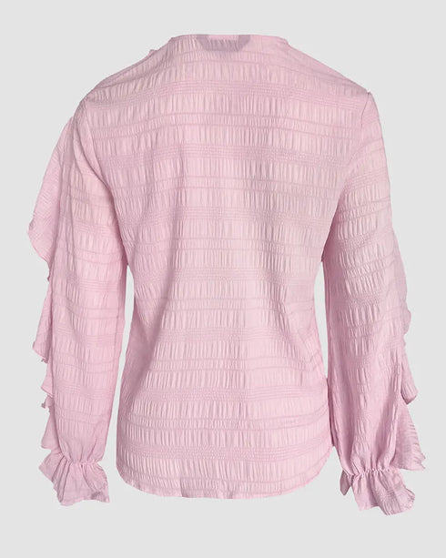 Ruffle Hem Long Sleeve Textured Blouse pink