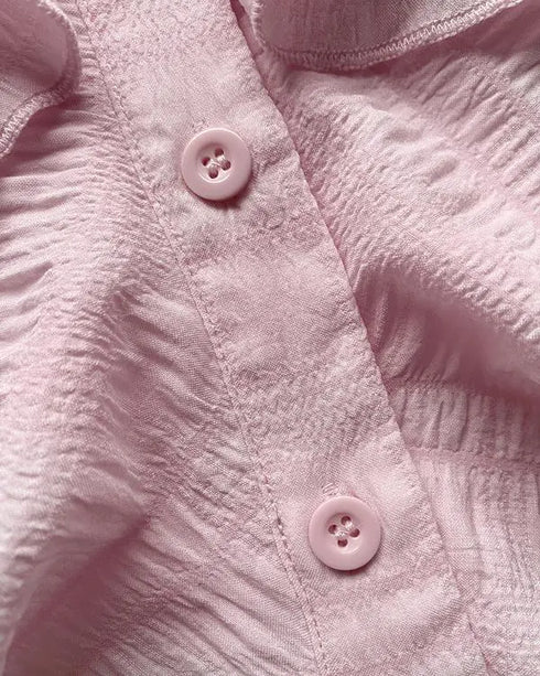 V-Neck Eyelash Lace Patch Ruffles Button Down Blouse Top pink