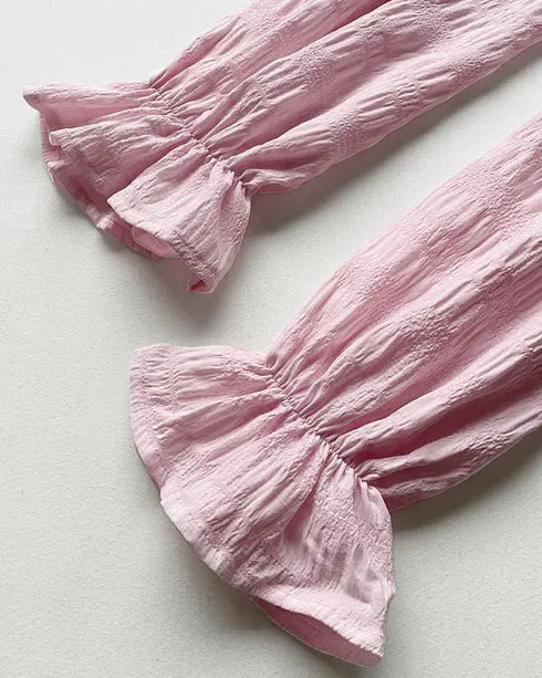 Ruffle Hem Long Sleeve Textured Blouse pink