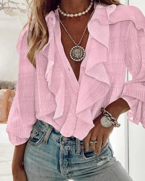 V-Neck Eyelash Lace Patch Ruffles Button Down Blouse Top pink