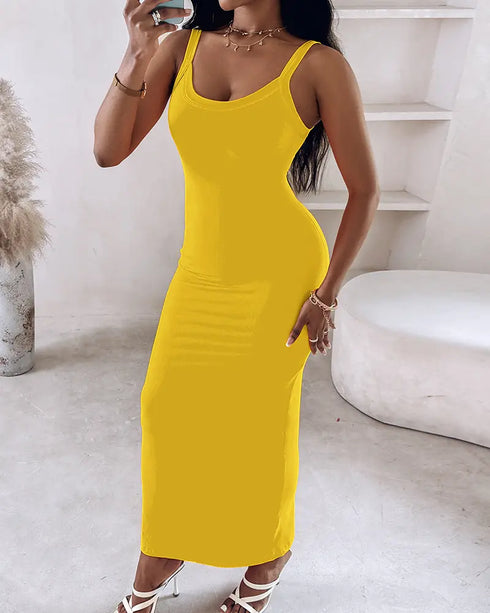 Spaghetti Strap U-Neck Casual Maxi Dress Slim Fit Cami Vacation Dress yellow