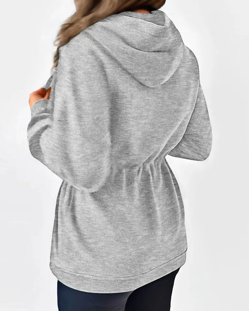 Long Sleeve Waist Drawstring Hooded Coat Casual Loose Fit Cardigan Jacket with Pockets gray