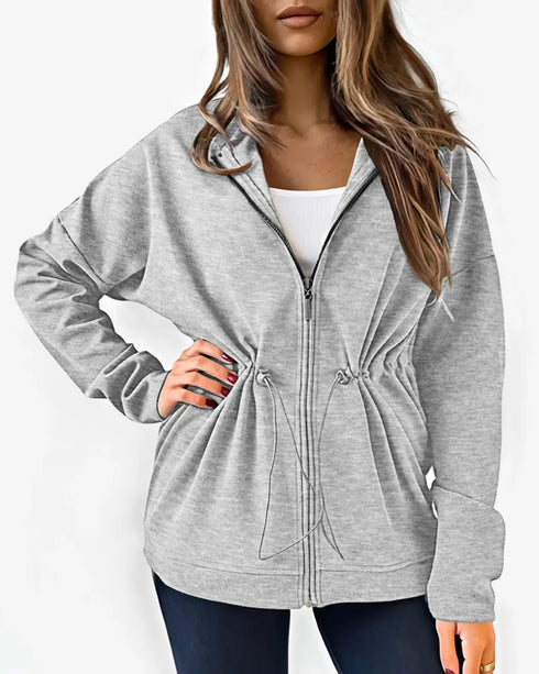 Long Sleeve Waist Drawstring Hooded Coat Casual Loose Fit Cardigan Jacket with Pockets gray