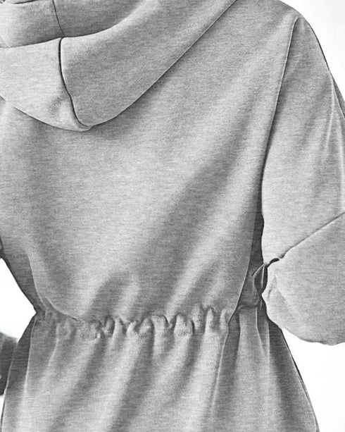 Long Sleeve Waist Drawstring Hooded Coat Casual Loose Fit Cardigan Jacket with Pockets gray
