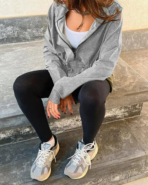 Long Sleeve Waist Drawstring Hooded Coat Casual Loose Fit Cardigan Jacket with Pockets gray