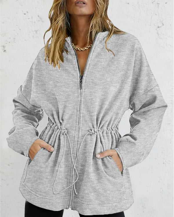 Long Sleeve Waist Drawstring Hooded Coat Casual Loose Fit Cardigan Jacket with Pockets gray