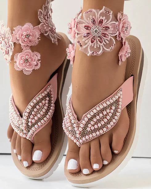 Rhinestone Beaded Leaf Pattern Summer Flip Flops pink