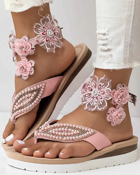 Rhinestone Beaded Leaf Pattern Summer Flip Flops pink