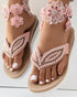 Rhinestone Beaded Leaf Pattern Summer Flip Flops pink