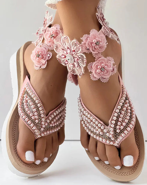 Rhinestone Beaded Leaf Pattern Summer Flip Flops pink