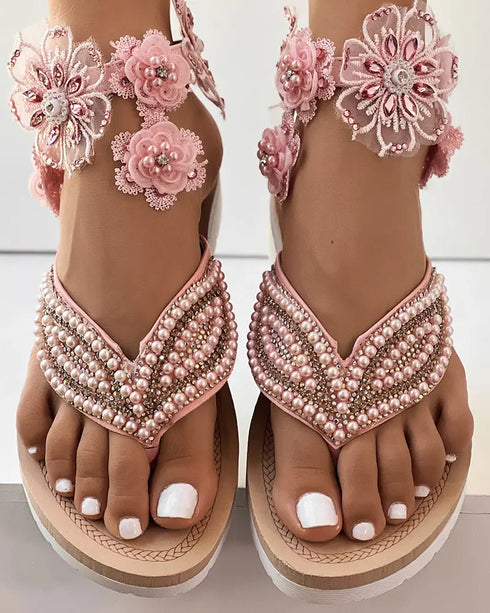 Rhinestone Beaded Leaf Pattern Summer Flip Flops pink