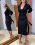 Cable Textured Overlap Deep V-Neck Long Sleeve Mid-Length Dress Tie Waist Slim Fit Knit Dress black