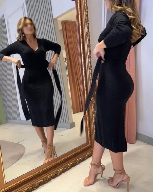 Cable Textured Overlap Deep V-Neck Long Sleeve Mid-Length Dress Tie Waist Slim Fit Knit Dress black