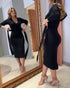 Cable Textured Overlap Deep V-Neck Long Sleeve Mid-Length Dress Tie Waist Slim Fit Knit Dress black