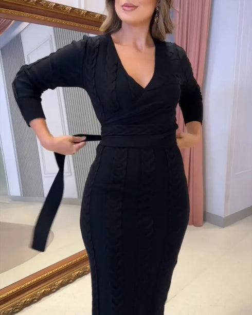 Cable Textured Overlap Deep V-Neck Long Sleeve Mid-Length Dress Tie Waist Slim Fit Knit Dress black