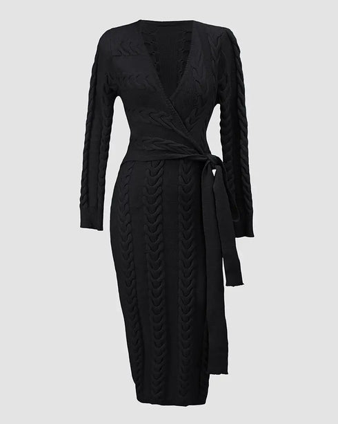 Cable Textured Overlap Deep V-Neck Long Sleeve Mid-Length Dress Tie Waist Slim Fit Knit Dress black