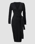 Cable Textured Overlap Deep V-Neck Long Sleeve Mid-Length Dress Tie Waist Slim Fit Knit Dress black