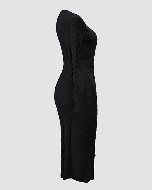 Cable Textured Overlap Deep V-Neck Long Sleeve Mid-Length Dress Tie Waist Slim Fit Knit Dress black
