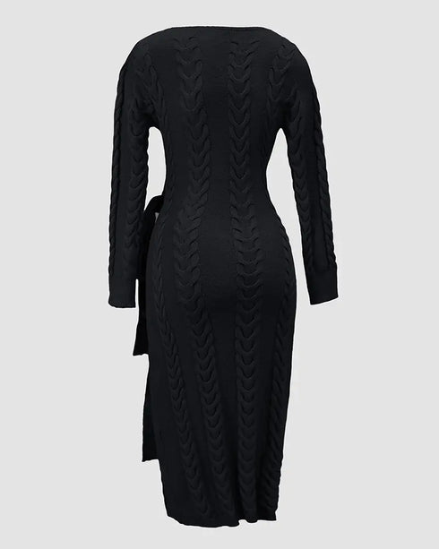 Cable Textured Overlap Deep V-Neck Long Sleeve Mid-Length Dress Tie Waist Slim Fit Knit Dress black
