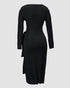 Cable Textured Overlap Deep V-Neck Long Sleeve Mid-Length Dress Tie Waist Slim Fit Knit Dress black