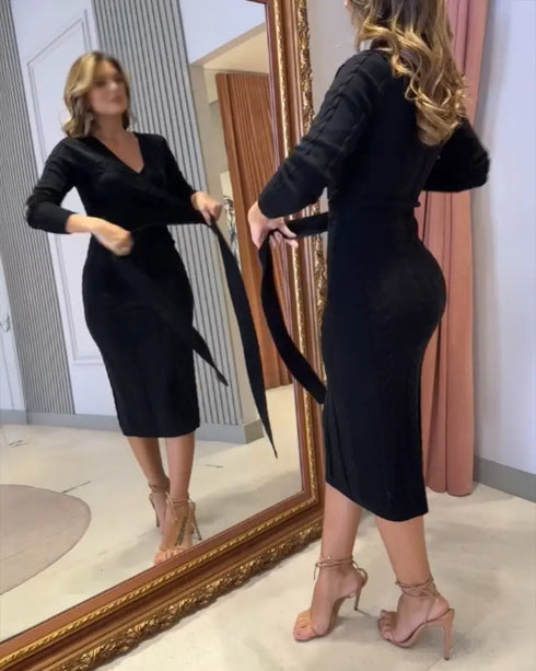Cable Textured Overlap Deep V-Neck Long Sleeve Mid-Length Dress Tie Waist Slim Fit Knit Dress black