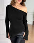 Skew Neck Split Sleeve Asymmetrical Hem Sweater Slim Fit Ribbed Top black