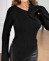 Skew Neck Split Sleeve Asymmetrical Hem Sweater Slim Fit Ribbed Top black