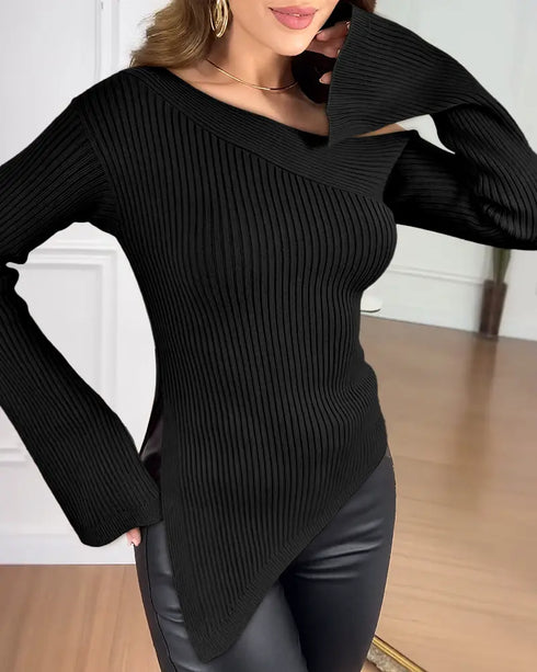 Skew Neck Split Sleeve Asymmetrical Hem Sweater Slim Fit Ribbed Top black