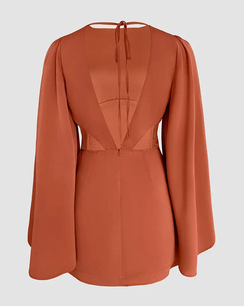 Round Neck Bell Sleeve Casual Backless Tied Detail Jumpsuit brown